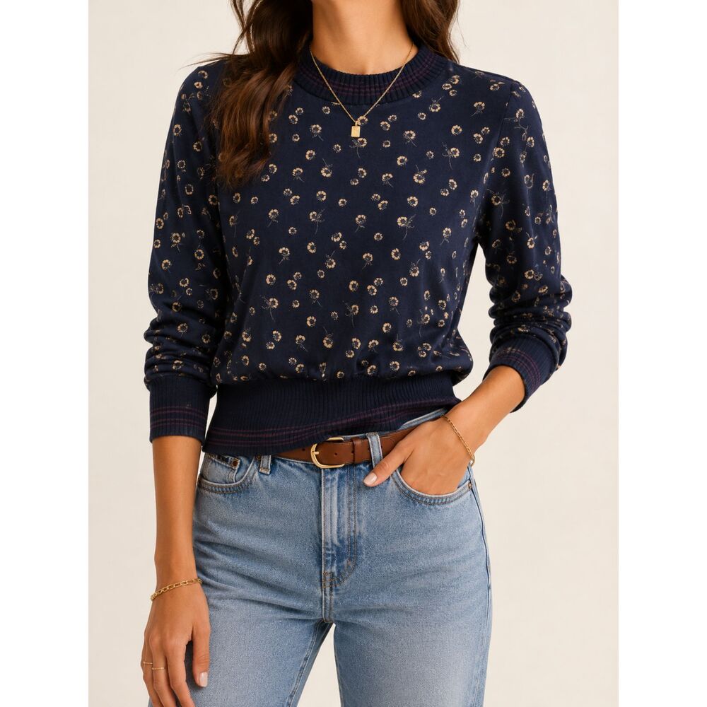 French Connection Floral Blouse Small Navy Rib Knit Trim Cottagecore Boho Top